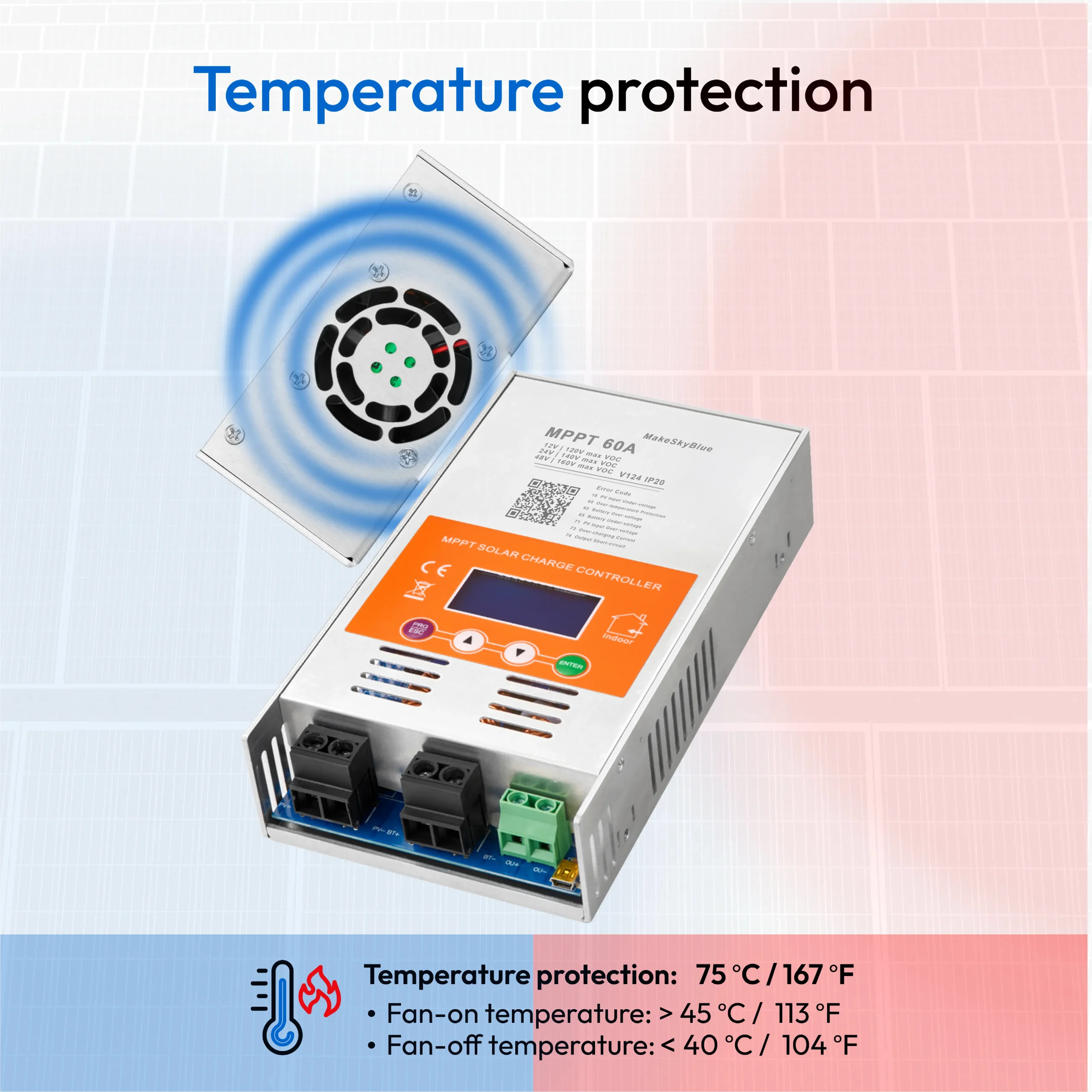 60A-V124 Temperature温度_副本 MakeSkyBlue 60A MPPT Solar Laderegler V124 mit WLAN Fernsteuerung CloudBox – Bild 7