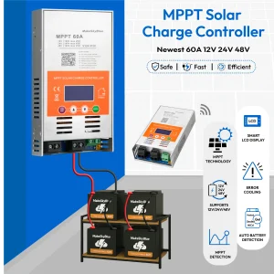 60A MPPT Solar Charge Controller V124, 12V/24V/48V Auto Detection, Supports Lithium, LiFePO₄, AGM, Gel, and Lead-Acid Batteries, Max 160V PV Input