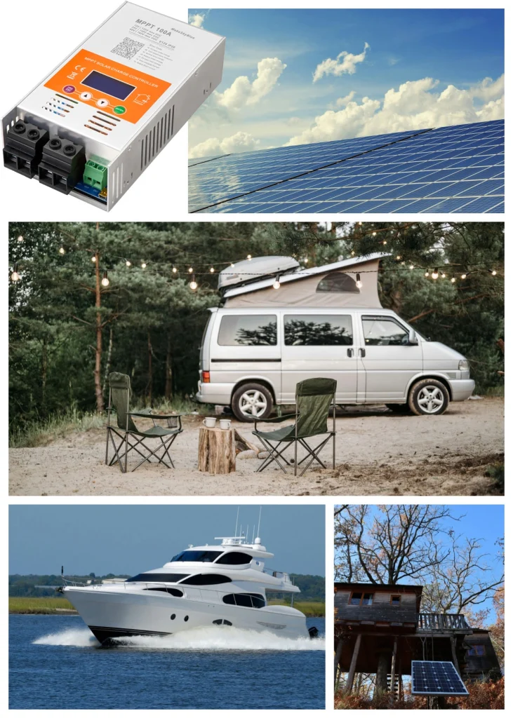 MakeSkyBlue solar charge controller in an off-grid setup, providing power to a garden office, RV, auto, and marine batteries.
