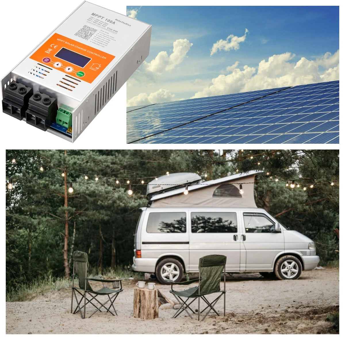 MakeSkyBlue solar charge controller in an off-grid setup, providing power to a garden office, RV, auto, and marine batteries.