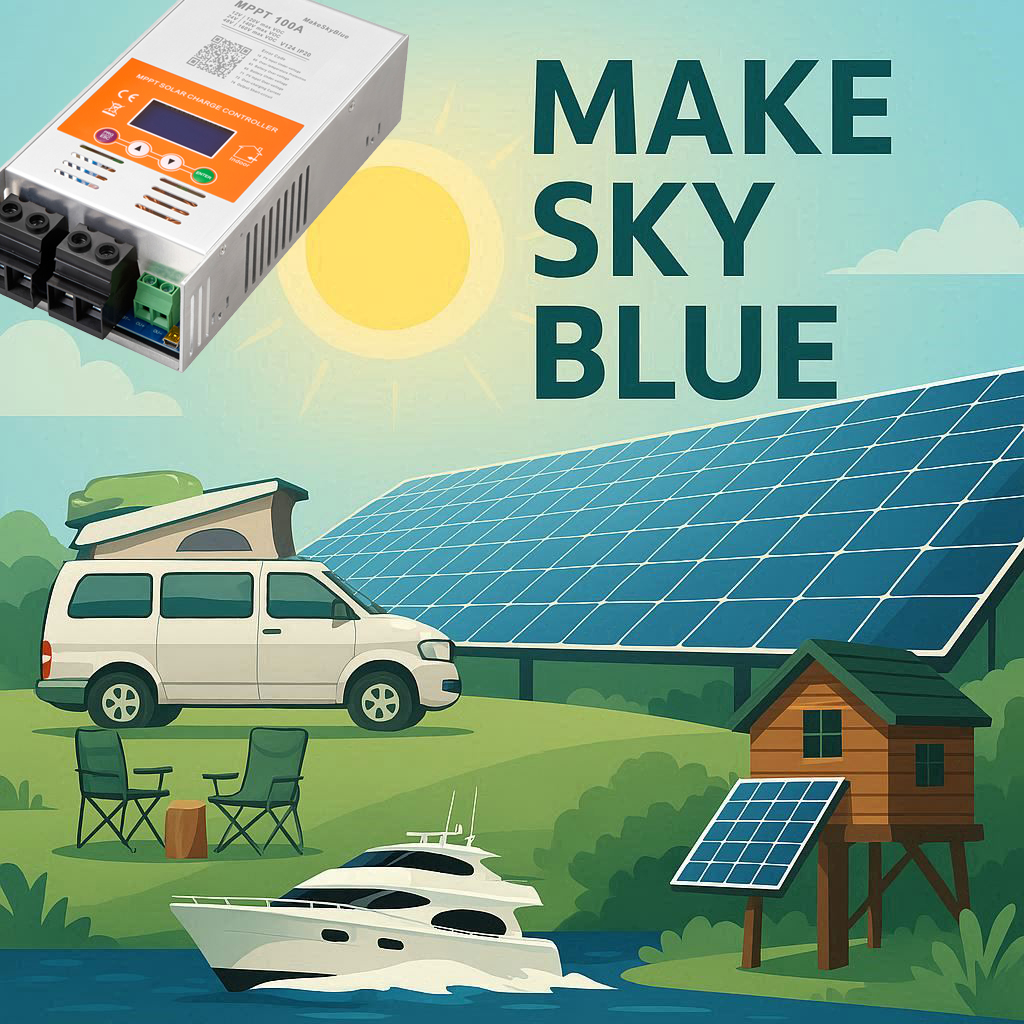 MakeSkyBlue solar charge controller in an off-grid setup, providing power to a garden office, RV, auto, and marine batteries.